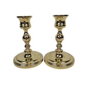 Vintage Baldwin Cast Brass Candlestick Holders 5" Tall Round‎ Base Set of 2 I14